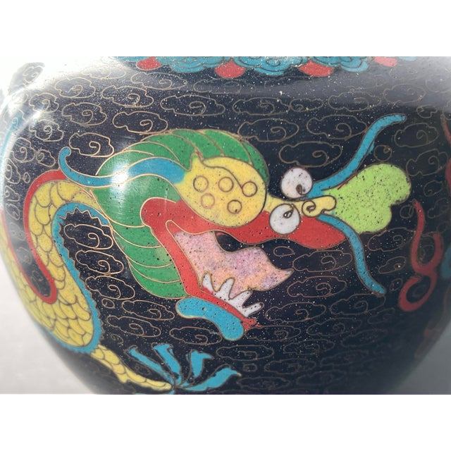 Metal Vintage Chinese Cloisonné Dragon Ginger Jar W/ Lid, Decorative Collectible Vase For Sale - Image 7 of 12