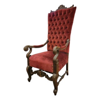 Antique Victorian Carved Ornate Oversized Tufted Back Throne Chair Newly Reupholstered For Sale