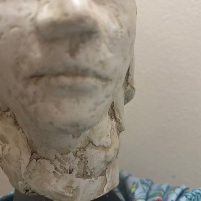 Early 20th Century Hand-Sculpted Figurative Plaster Bust on Wooden Base For Sale - Image 11 of 12