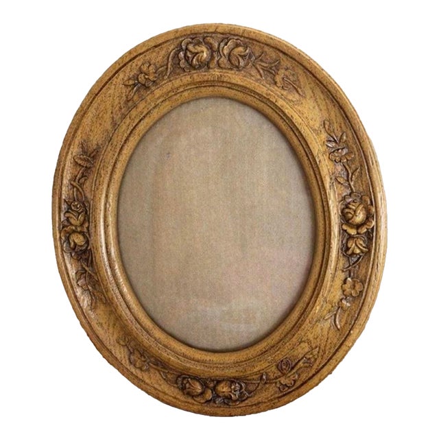 Vintage Ornate Oval Wood Picture Frame With Floral Rose Relief Motif, 14" X 12" For Sale