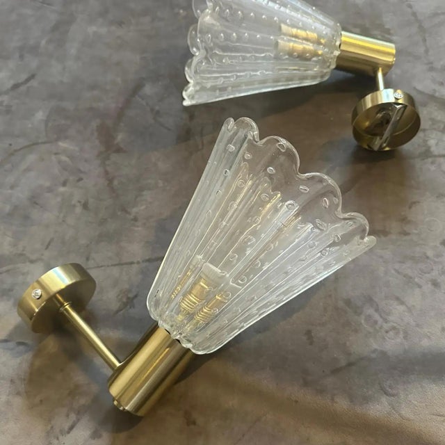This exquisite pair of wall sconces features Barovier-style Murano glass shades with the classic Bullicante technique,...