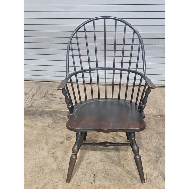 Wood Late 20th Century Pair of Pennsylvania House Sack Back Windsor Arm Chairs Black Finish For Sale - Image 7 of 9