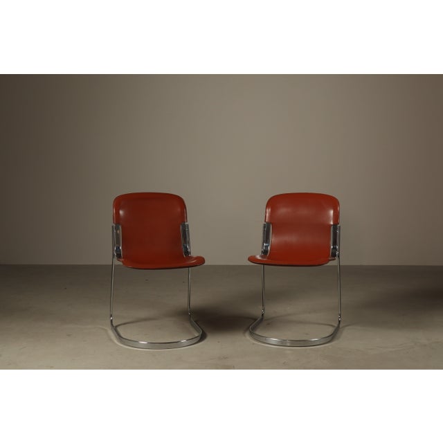 Red Leather Brick Red-Colored Cantilever Dining Chairs, Italy, 1970s, Set of 6 For Sale - Image 8 of 16
