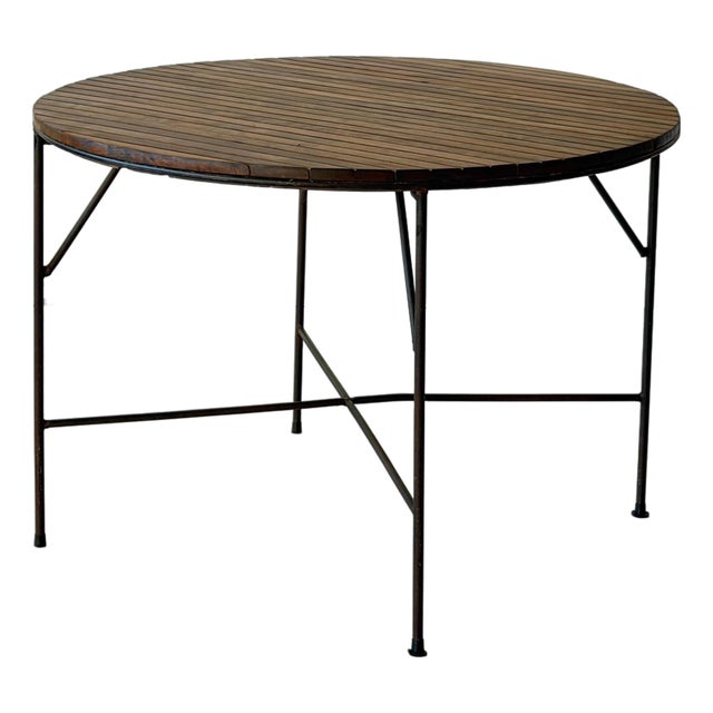 1950s Iron/Wood Slat Circle Dining Table Attributed to Arthur Umanoff For Sale