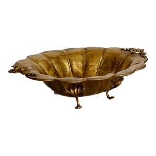 Mid-20th Century Large Scalloped & Floral Handles Brass Centerpiece Bowl For Sale