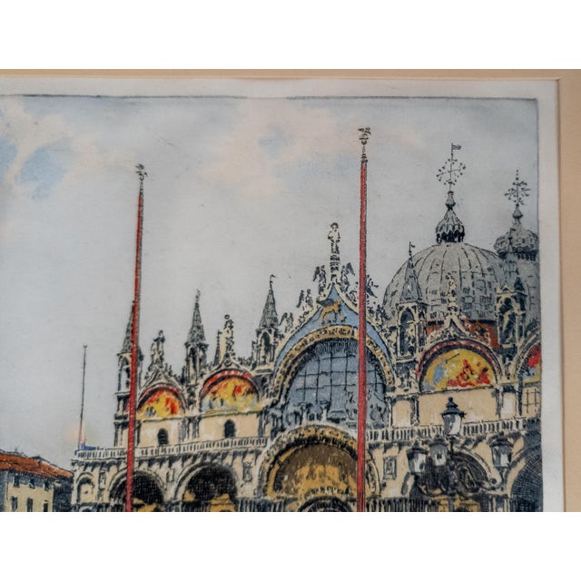 20th Century Colored Aquatint Etching of St. Mark's Square Venice, Signed For Sale - Image 9 of 14