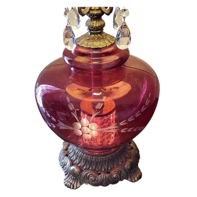 1970s Hollywood Regency Cut Ruby Glass & Crystal Prism Globe Table Lamp Light Up Base For Sale - Image 4 of 12