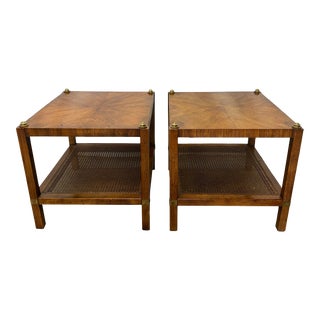 Vintage Henredon Mid Century Modern Walnut Matched Grain Birdseye Cane Side Tables - Pair For Sale