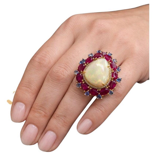 Baroque Bochic “Capri” Vintage Ruby, Tanzanite, Opal & Diamond Cocktail Ring — 18K Gold For Sale - Image 3 of 9