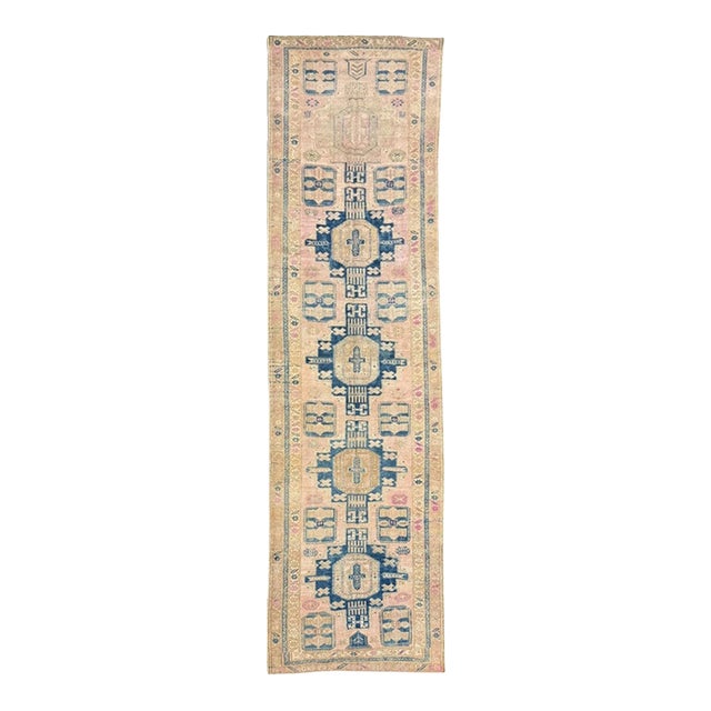 Antique Azeri Runner | Blue Geometric Medallions 4x 13 For Sale