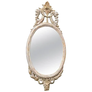 Northern European Oval Carved Wood Mirror With White Frame, Early 19th Century