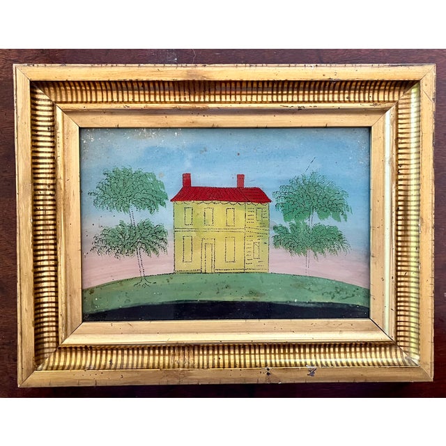 19th Century Antique 19th Century American Folk Art Primitive Eglomise Reverse Painting on Glass of a Federal House in a Landscape For Sale - Image 5 of 8