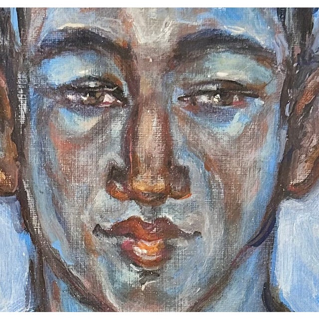 Figurative Vintage 1990’s Portrait of a Young Man in Blue For Sale - Image 3 of 6