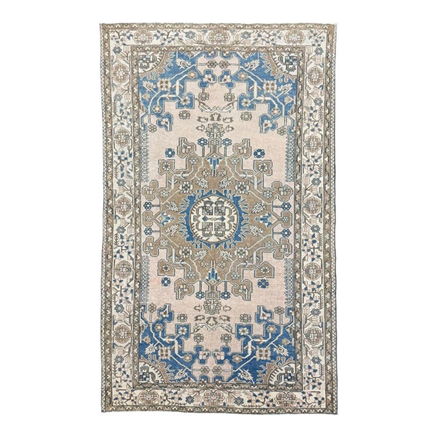 5x7 Vintage Rug | Ivory & Blue With Bold Stylized Medallion For Sale