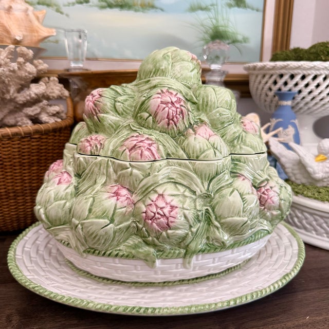 Italian Ceramic Vintage Artichoke Soup Tureen With Underplate For Sale - Image 4 of 8