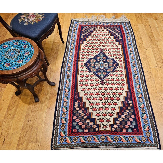Vintage Persian Senneh Kilim Area Rug, Handwoven Wool, Floral Pattern, Ivory & Blue, 3x6 For Sale In Chicago - Image 6 of 15