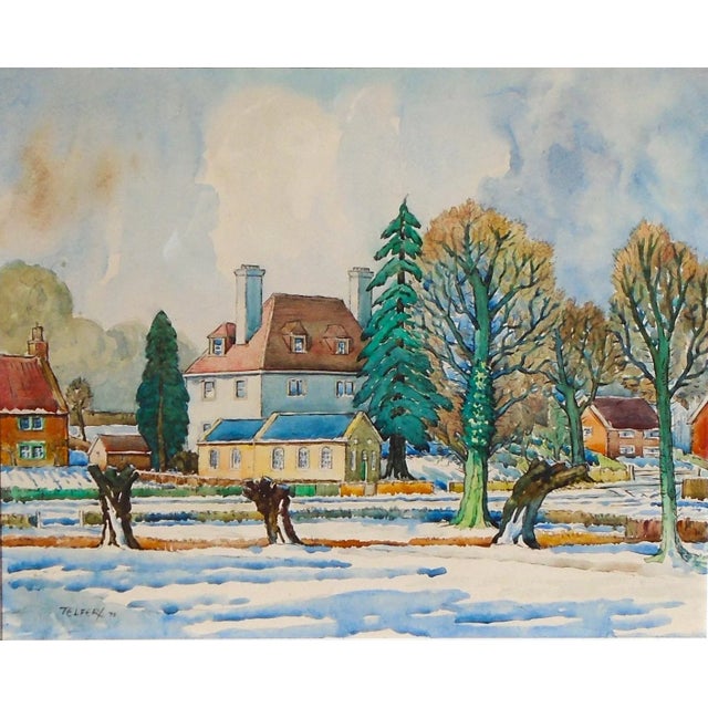 An original watercolor painting on paper by William Walker Telfer, Scottish artist 1907-1993, "February Snow, Eggington,...