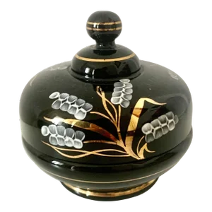 Black Glass Gilt Handpainted Floral Candy Box / Dish