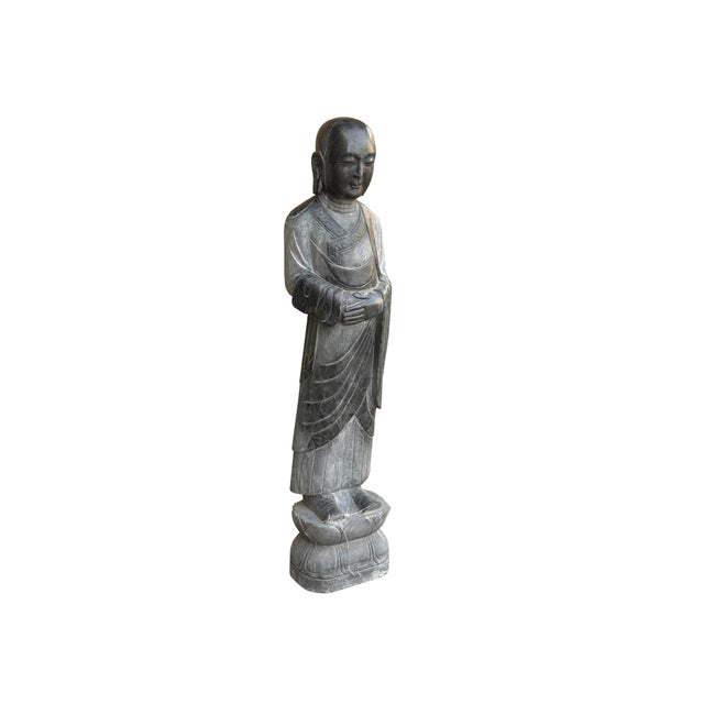 Chinese Weathered Black Gray Patina Stone Standing Monk Luohan Arhat Statue For Sale - Image 4 of 13