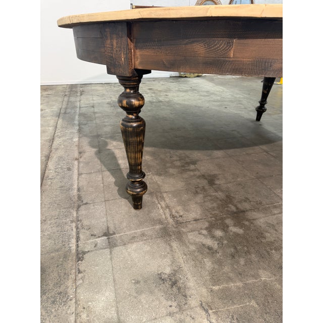 Wood Large Rustic Round Pine Dining Table With Ebonized Turned Legs For Sale - Image 7 of 7