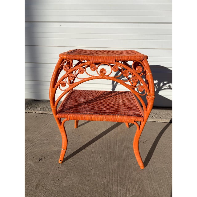 Persimmon Mid 20th Century Vintage Painted Wicker Rattan Table For Sale - Image 8 of 13