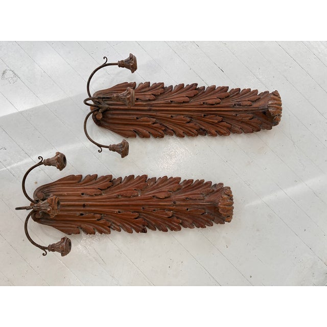 Brown Pair of Large 19th Century , Finely Carved Acanthus Leaf Sconces For Sale - Image 8 of 8