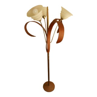 Mid-Century Walnut & Brass Floral Floor Lamp For Sale