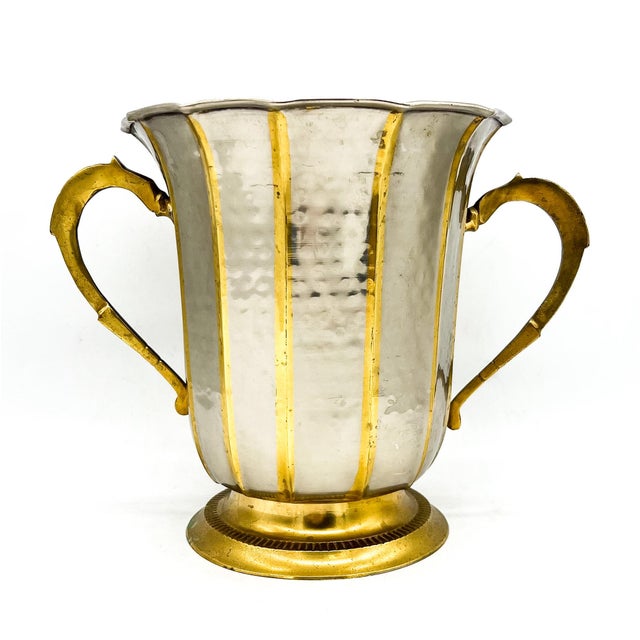Vintage Hammered Brass & Silver Tone Double Handle Cachepot / Wine Cooler – Hollywood Regency / Neoclassical For Sale In Houston - Image 6 of 13