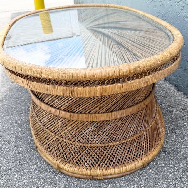 Boho Chic Buri Rattan Oval Inlaid Glass Top Coffee Table For Sale - Image 4 of 6