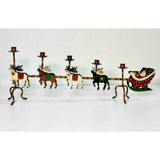 Hollywood Regency 1970s Vintage Hollywood Regency Boho Chic Italian Santa & Reindeer Sleigh Tole Candle Holder, Monumental Christmas For Sale - Image 3 of 7