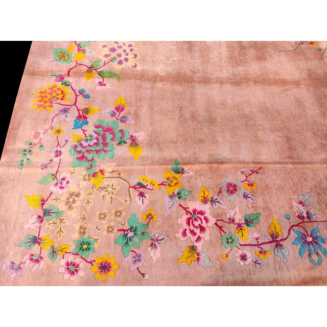 Textile 1930s Orange-Peach Floral Modern Antique Chinese Art Deco Rug Handknotted Carpet For Sale - Image 7 of 7