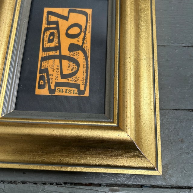 Contemporary original abstract marker drawing on vintage license by Wayne Cunningham. Signed and framed. License measures...