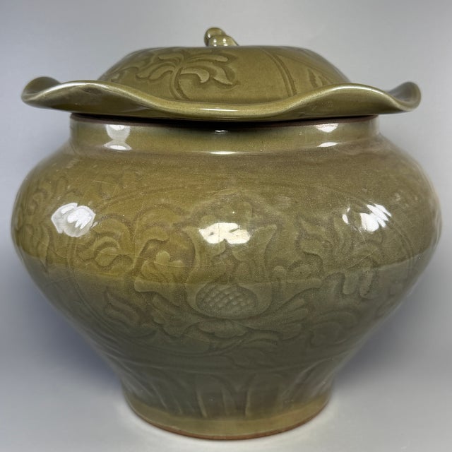 Chinese Celadon Lidded Jar, Lotus Leaf Cover Collectible Storage Vessel For Sale - Image 4 of 6