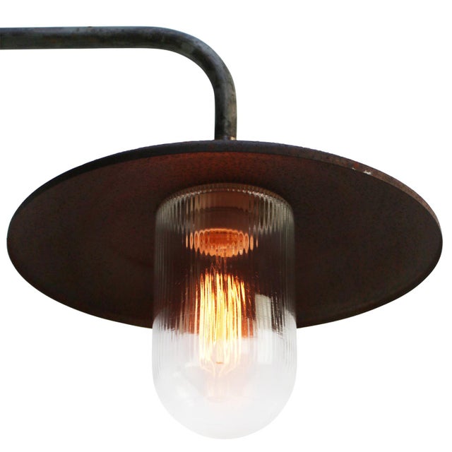 Vintage Industrial Rust Iron and Brass Sconce with Clear Striped Glass For Sale - Image 4 of 5