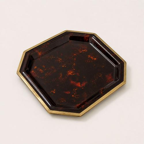 Hollywood Regency Italy Tortoiseshell Acrylic Glass Bakelite and Brass Tray in the style of Dior and Gucci, 1970s For Sale - Image 3 of 7