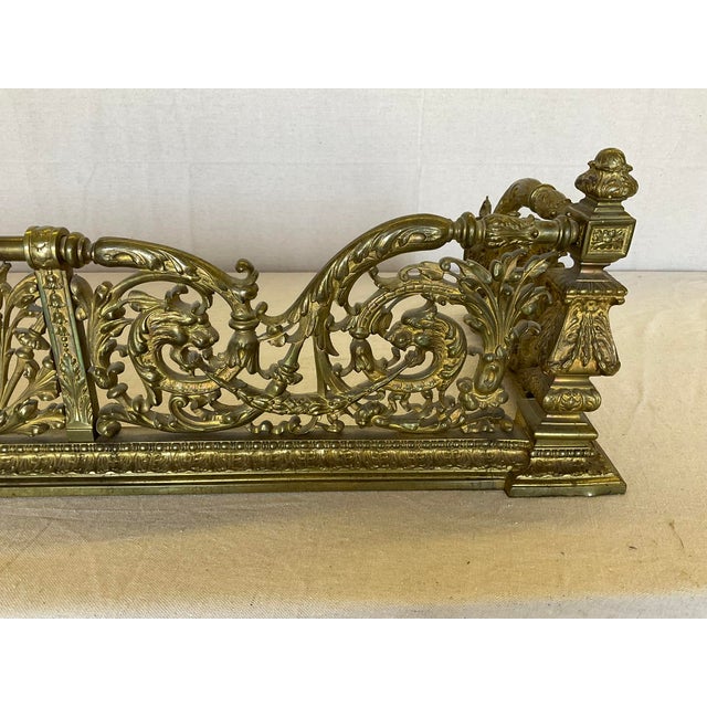 Fine Antique Lions Head Brass Fireplace Fender With Acorn Finials For Sale - Image 4 of 14