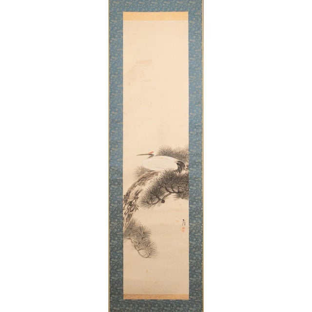 Fine large antique or vintage Japanese Showa Era watercolor scroll painting depicting Red-Crowned Crane on the branch of...