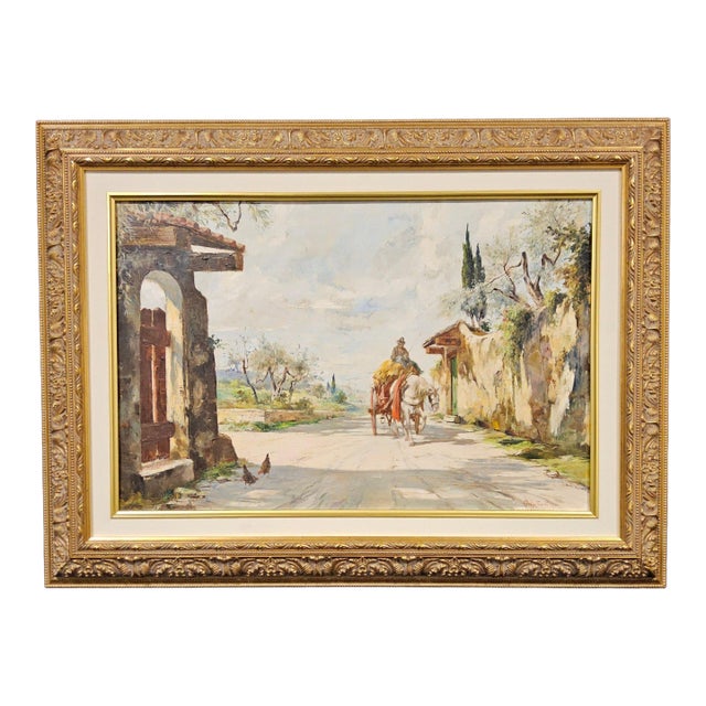 Mid 20th Century Large Aldo Affortunati Italian Oil Painting, Tuscan Landscape With Horse Cart, Ornate Gilt Frame For Sale