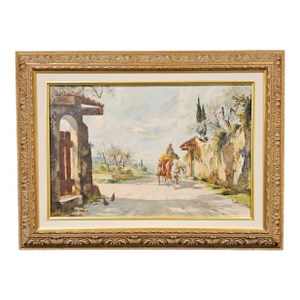 Mid 20th Century Large Aldo Affortunati Italian Oil Painting, Tuscan Landscape With Horse Cart, Ornate Gilt Frame
