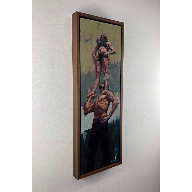 Contemporary Trust by Calvin Lai | Oil on canvas and wood panel depicting a strongman supporting a woman. For Sale - Image 3 of 3