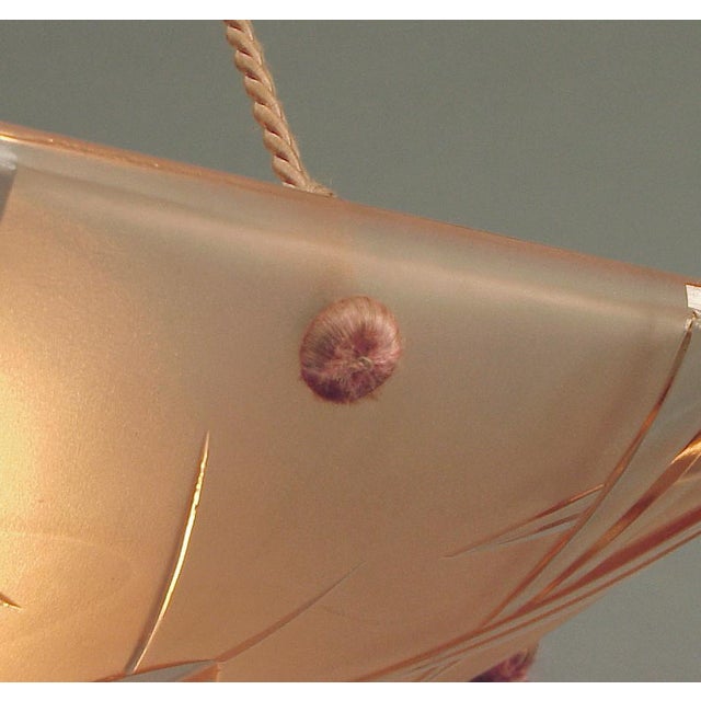 1930s 1930s Art Deco Peach Glass French Lighting Bowl Chandelier With Original Pink Cordelier For Sale - Image 5 of 6