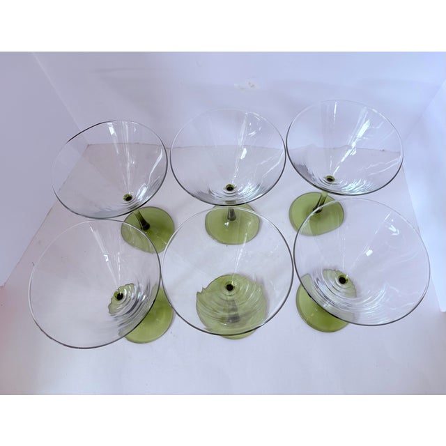 Vintage Mid-Century Modern Chartreuse Stem Green Martini Coupe Glasses - Set of 6 For Sale - Image 4 of 9