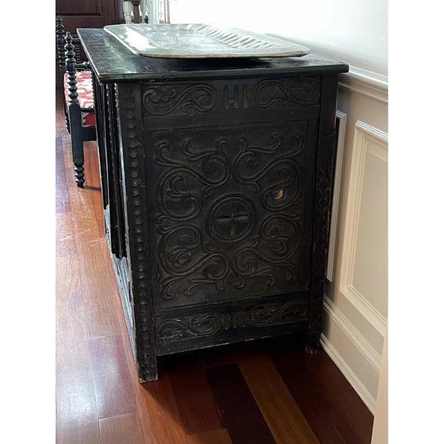 19th Century Antique Indonesian Ebonized Cabinet With Carved Diamond Motif and Scrolls For Sale - Image 9 of 12