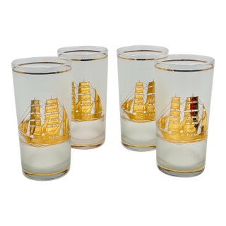 Vintage Culver Frosted Schooner Nautical Hi Ball Glassware with 22kt Gold Accents- Set of 4 For Sale