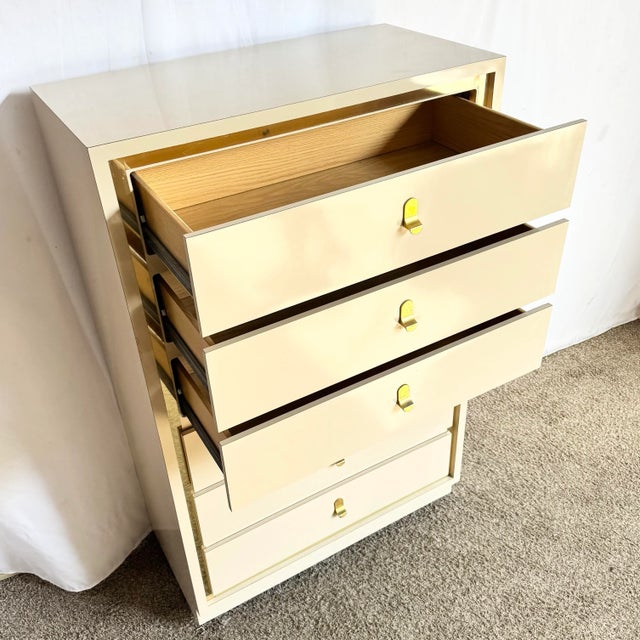 1980s Postmodern Cream Laminate Highboy Dresser With Gold Accents For Sale - Image 5 of 10