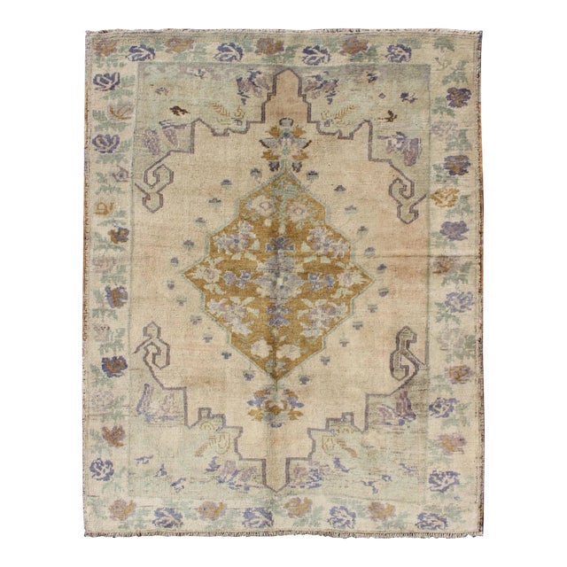 Mid 20th Century Classic Medallion Oushak Vintage Rug in Taupe, Purple, Cream, and Green For Sale