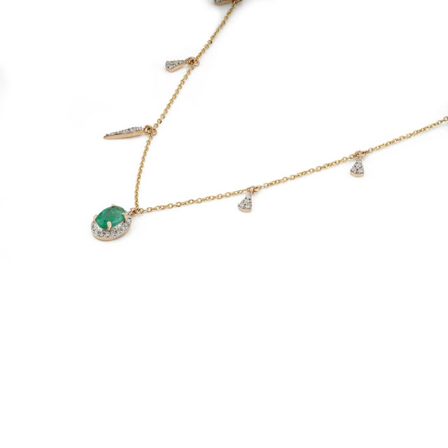 Metal Oval Emerald & Diamond Drop Halo Station Charm Necklace in 14k Yellow Gold For Sale - Image 7 of 13