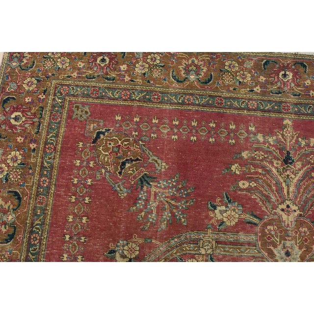 Textile Tabriz Rug 9’1” X 12’4” Red Wool Vintage Distressed Hand-Knotted Carpet For Sale - Image 7 of 15