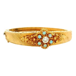 Vintage 14k Gold Diamond and Opal Hinged Bangle Bracelet For Sale