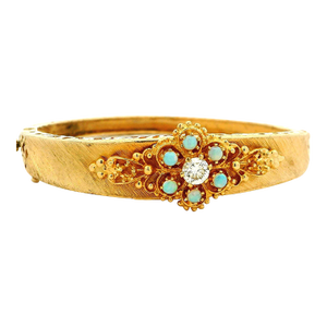Vintage 14k Gold Diamond and Opal Hinged Bangle Bracelet